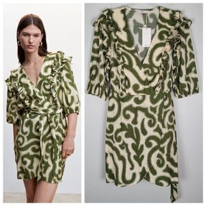 MNG Mango Ruffled Printed Faux Wrap Dress Mini 3/4 Sleeve Ivory Green Size 6 NWT
